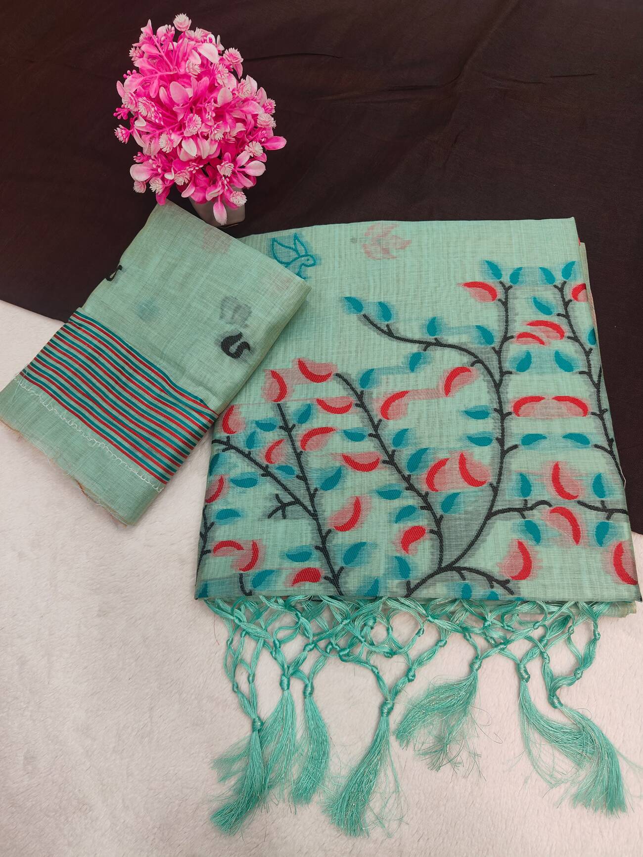 Diaphanous Turquoise Pure Munga Cotton Silk Saree With Glamorous Blouse Piece