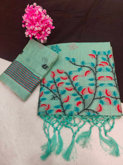 Diaphanous Turquoise Pure Munga Cotton Silk Saree With Glamorous Blouse Piece