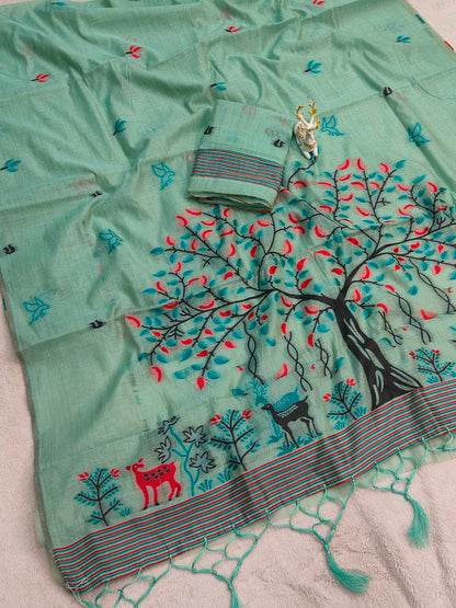Diaphanous Turquoise Pure Munga Cotton Silk Saree With Glamorous Blouse Piece