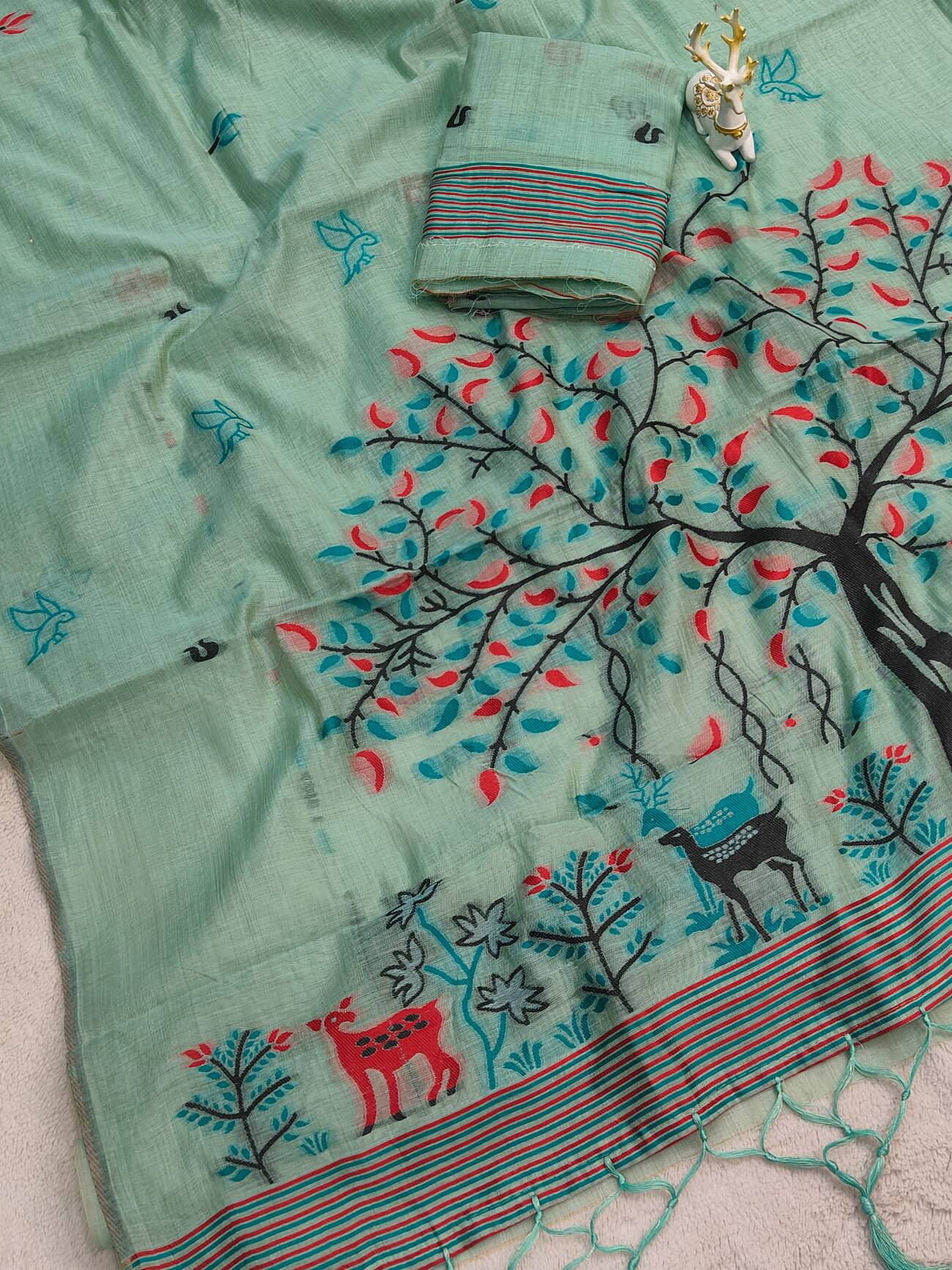 Diaphanous Turquoise Pure Munga Cotton Silk Saree With Glamorous Blouse Piece