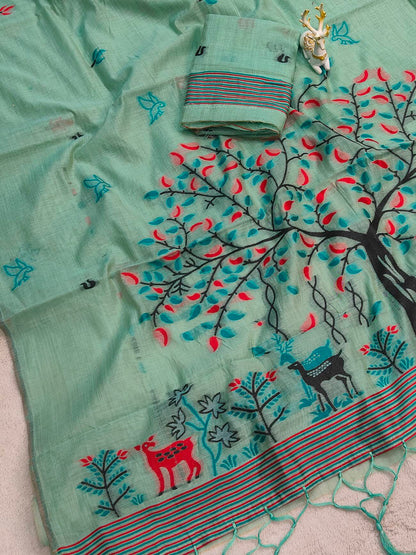 Diaphanous Turquoise Pure Munga Cotton Silk Saree With Glamorous Blouse Piece