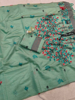 Diaphanous Turquoise Pure Munga Cotton Silk Saree With Glamorous Blouse Piece