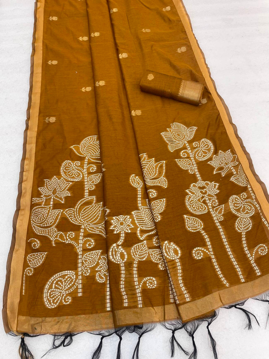 Engaging Mustard Pure Munga Cotton Silk Saree With Embellished Blouse Piece