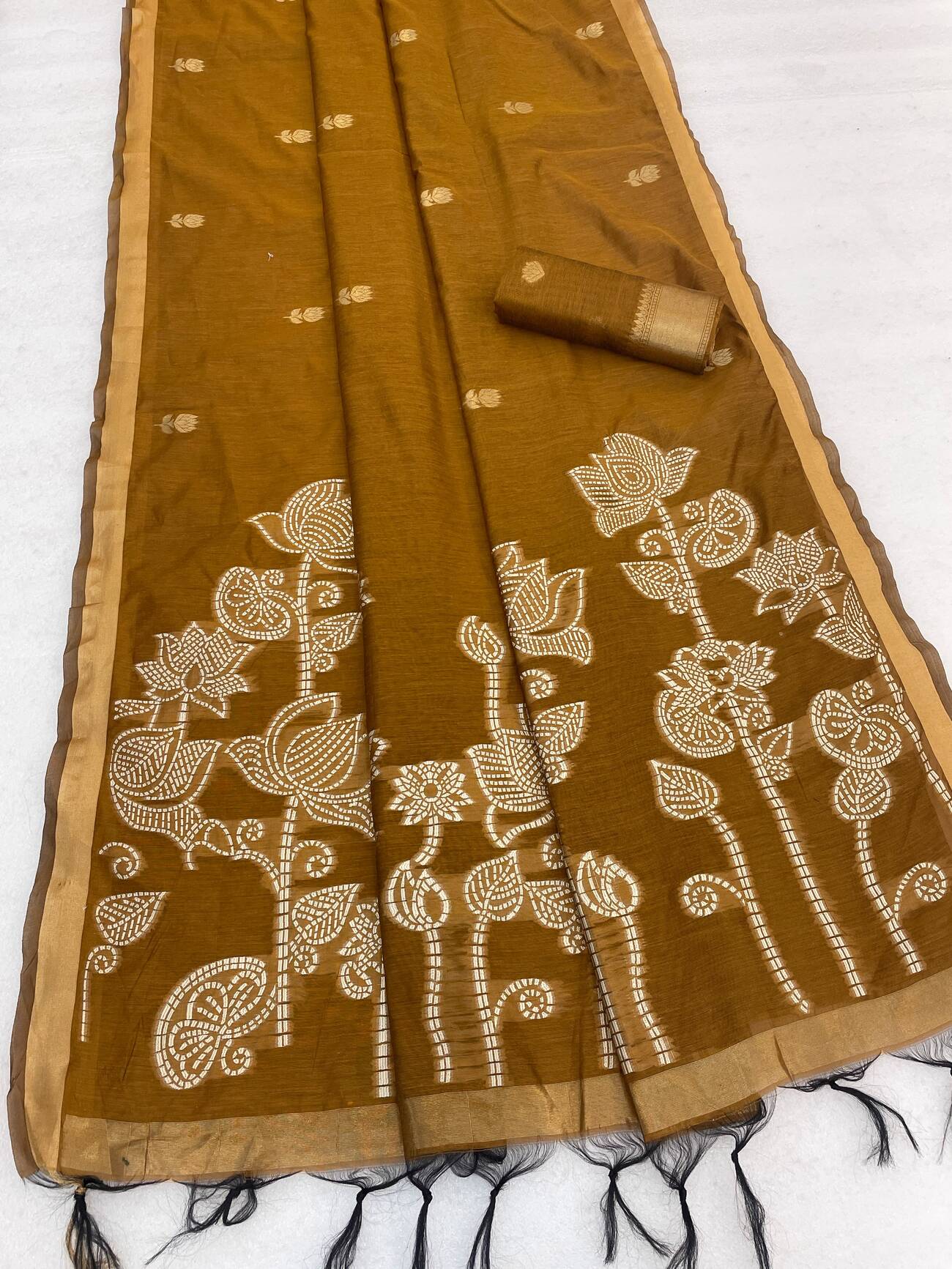 Engaging Mustard Pure Munga Cotton Silk Saree With Embellished Blouse Piece