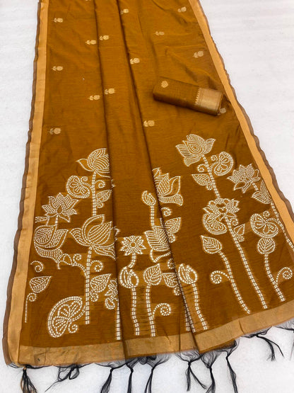 Engaging Mustard Pure Munga Cotton Silk Saree With Embellished Blouse Piece