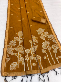 Engaging Mustard Pure Munga Cotton Silk Saree With Embellished Blouse Piece