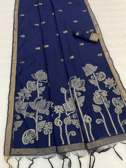Fairytale Navy Blue Pure Munga Cotton Silk Saree With Seraphic Blouse Piece