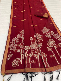 Panache Red Pure Munga Cotton Silk Saree With Ethnic Blouse Piece