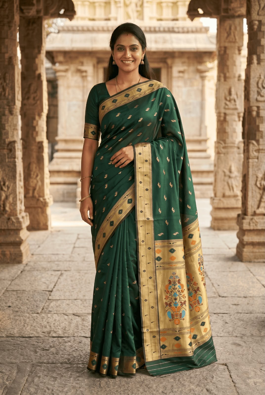Beguiling Dark Green Paithani Silk Saree With Chatoyant Blouse Piece