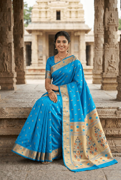 Moiety Firozi Paithani Silk Saree With Incomparable Blouse Piece