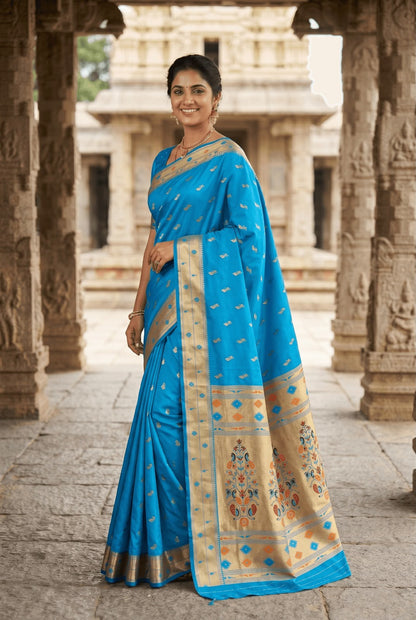 Moiety Firozi Paithani Silk Saree With Incomparable Blouse Piece