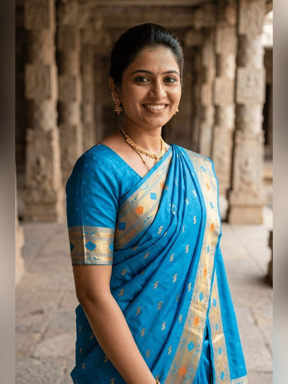 Moiety Firozi Paithani Silk Saree With Incomparable Blouse Piece