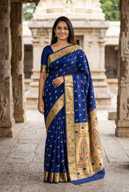Bewitching Navy Blue Paithani Silk Saree With Scintilla Blouse Piece