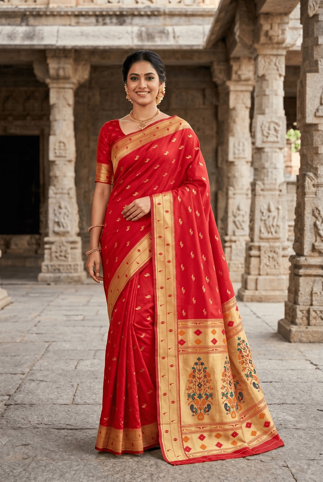 Woebegone Red Paithani Silk Saree With Devastating Blouse Piece