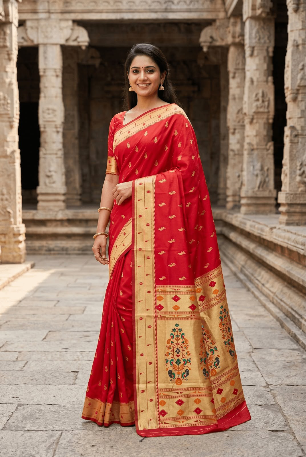 Woebegone Red Paithani Silk Saree With Devastating Blouse Piece