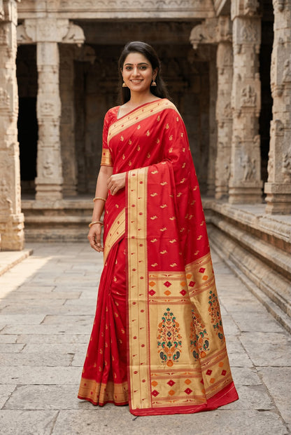 Woebegone Red Paithani Silk Saree With Devastating Blouse Piece