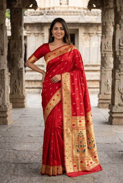 Woebegone Red Paithani Silk Saree With Devastating Blouse Piece