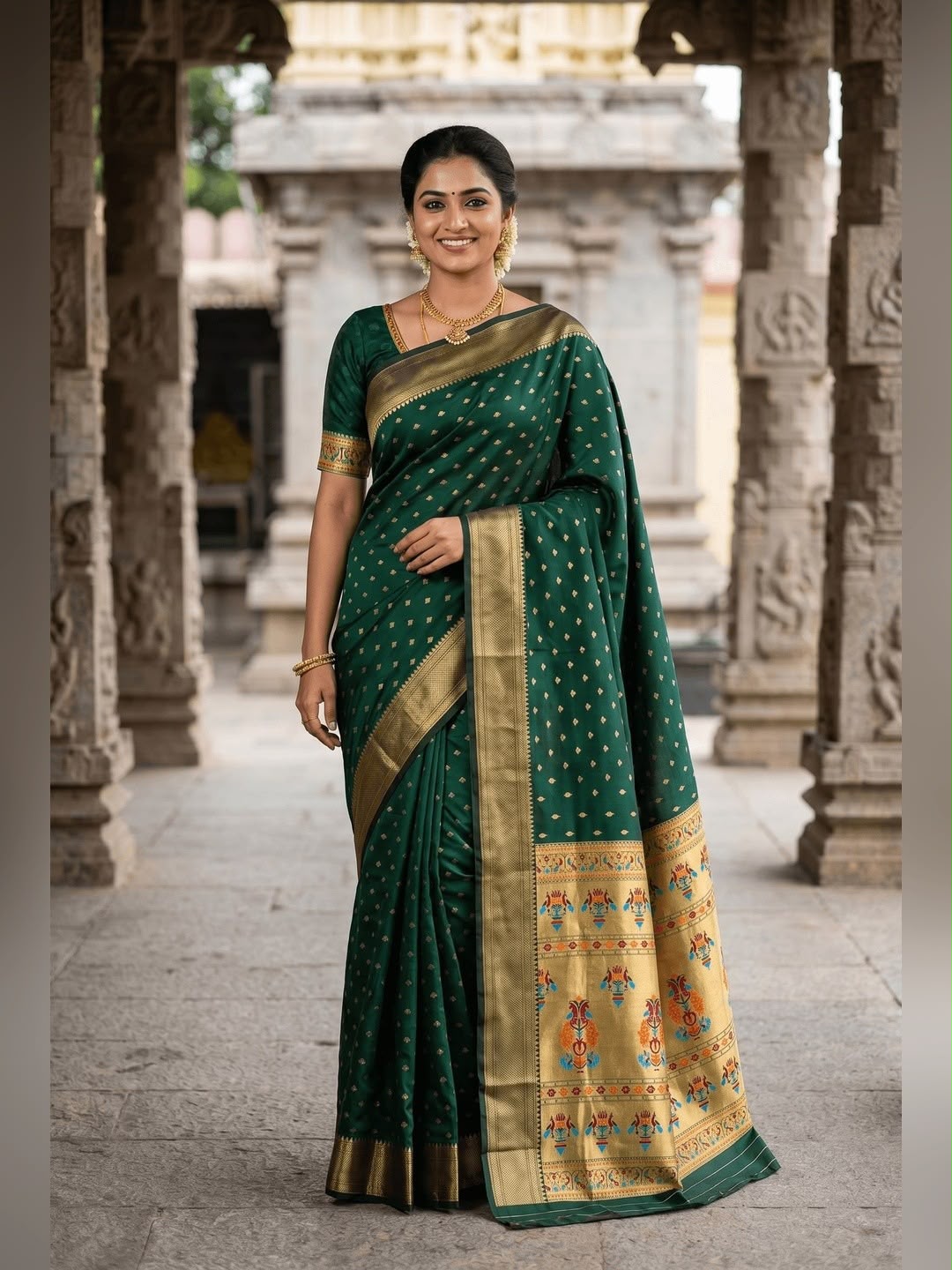 Flamboyant Dark Green Paithani Silk Saree With Unique Blouse Piece