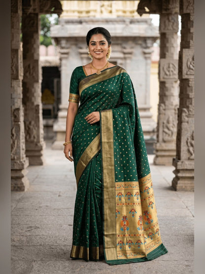 Flamboyant Dark Green Paithani Silk Saree With Unique Blouse Piece