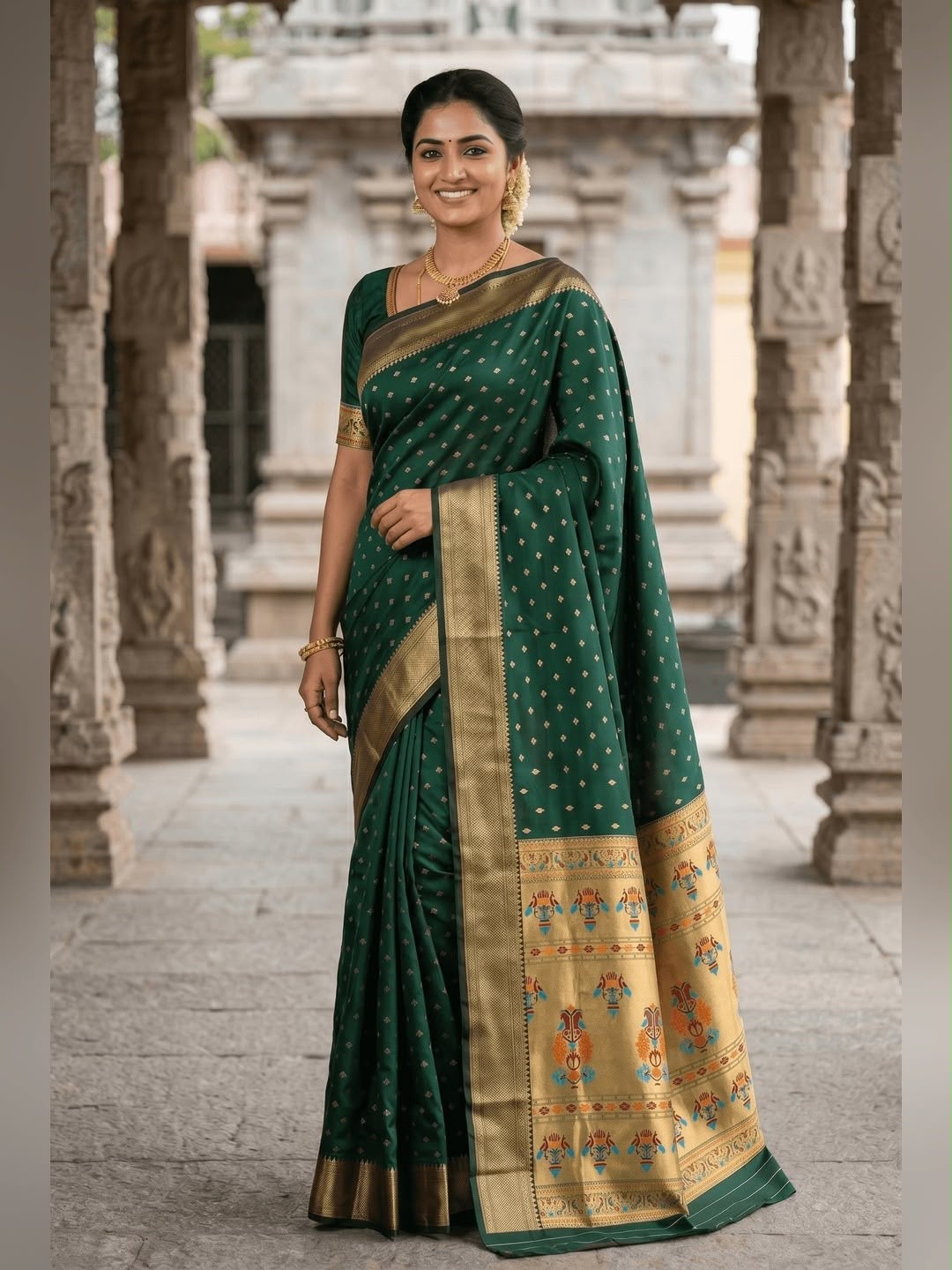 Flamboyant Dark Green Paithani Silk Saree With Unique Blouse Piece