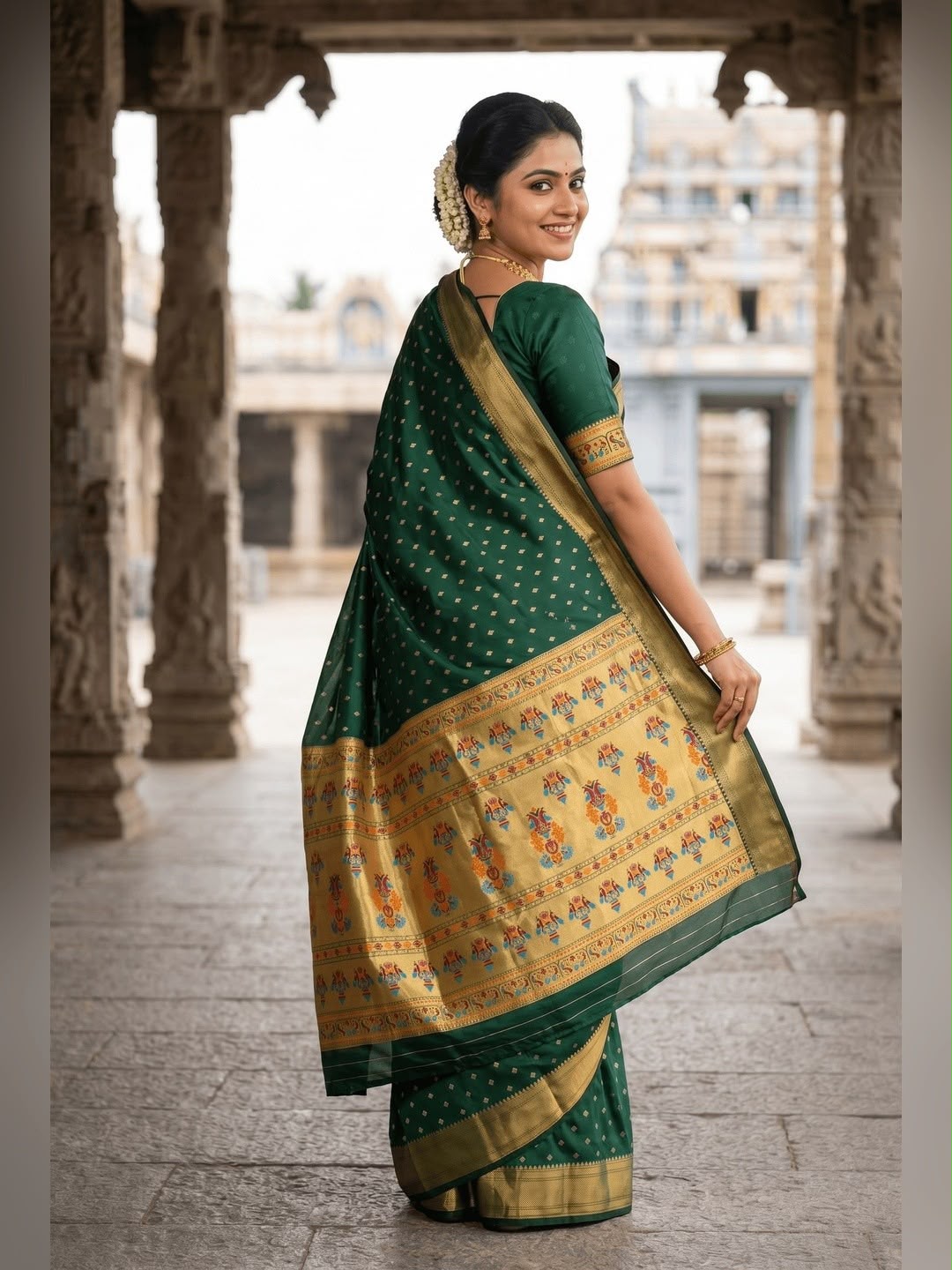Flamboyant Dark Green Paithani Silk Saree With Unique Blouse Piece