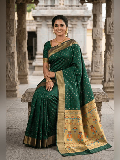 Flamboyant Dark Green Paithani Silk Saree With Unique Blouse Piece