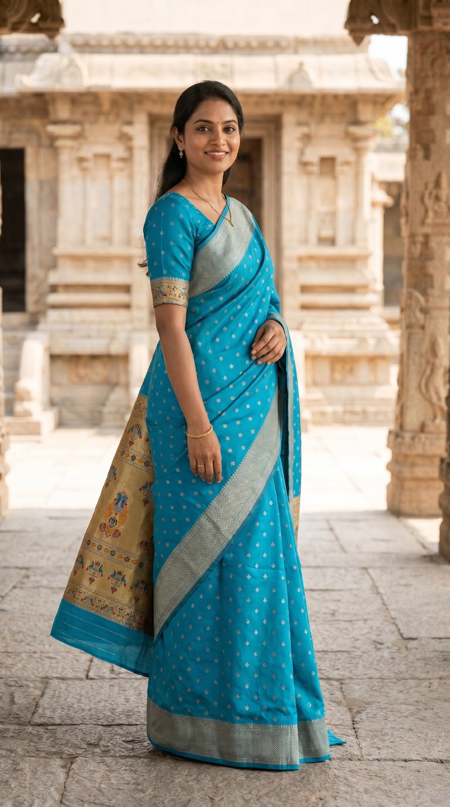 Outstanding Firozi Paithani Silk Saree With Proficient Blouse Piece