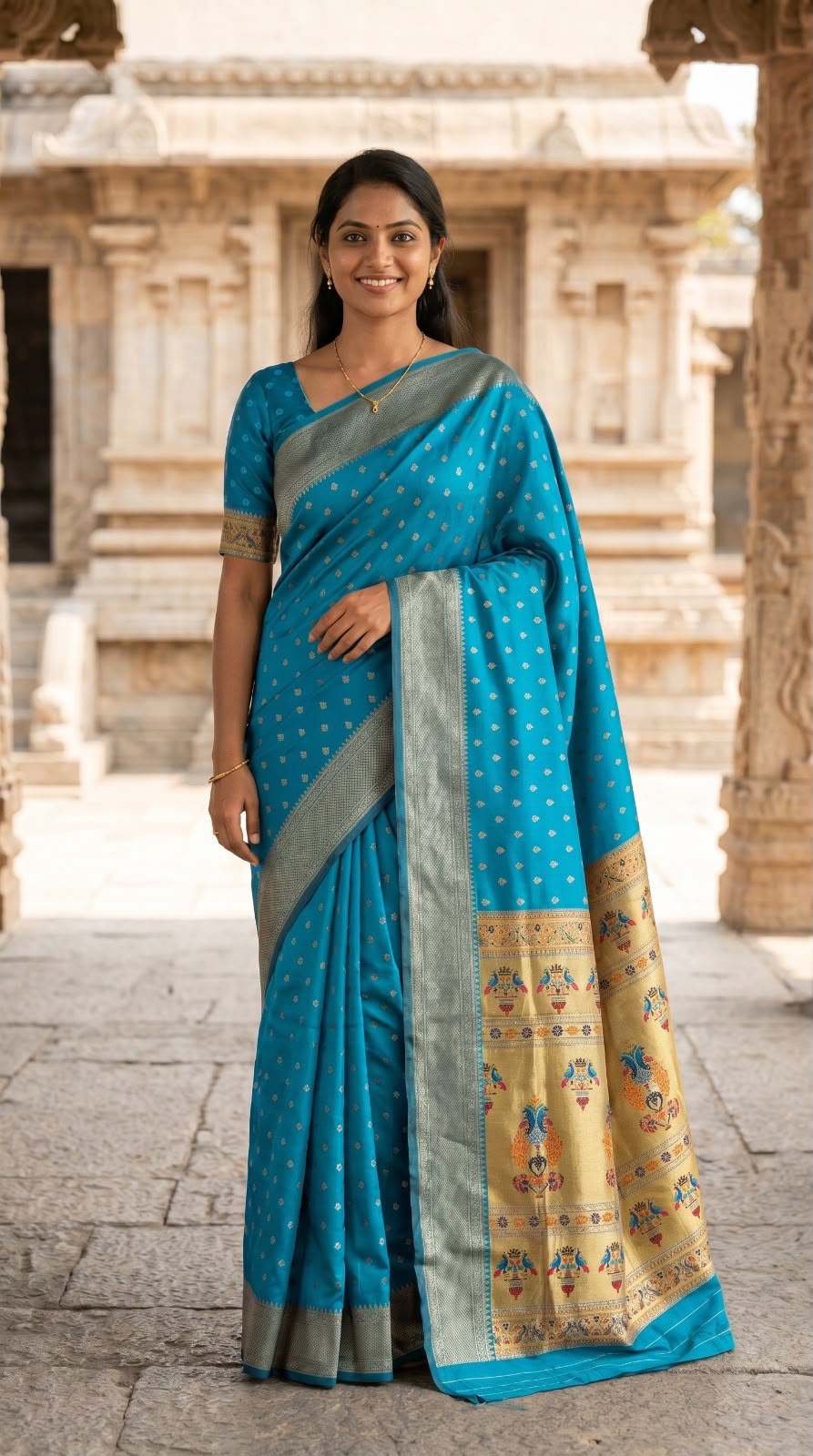 Outstanding Firozi Paithani Silk Saree With Proficient Blouse Piece