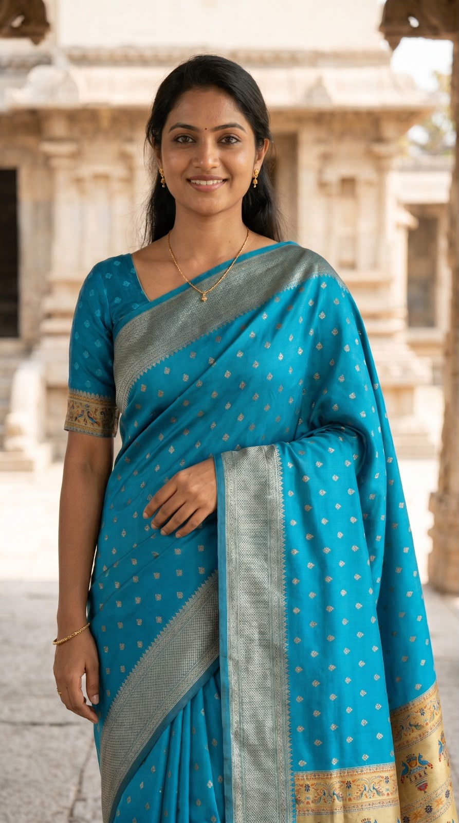 Outstanding Firozi Paithani Silk Saree With Proficient Blouse Piece