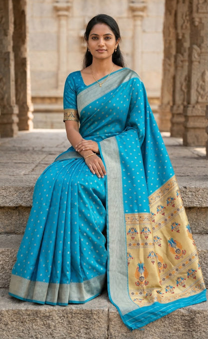 Outstanding Firozi Paithani Silk Saree With Proficient Blouse Piece