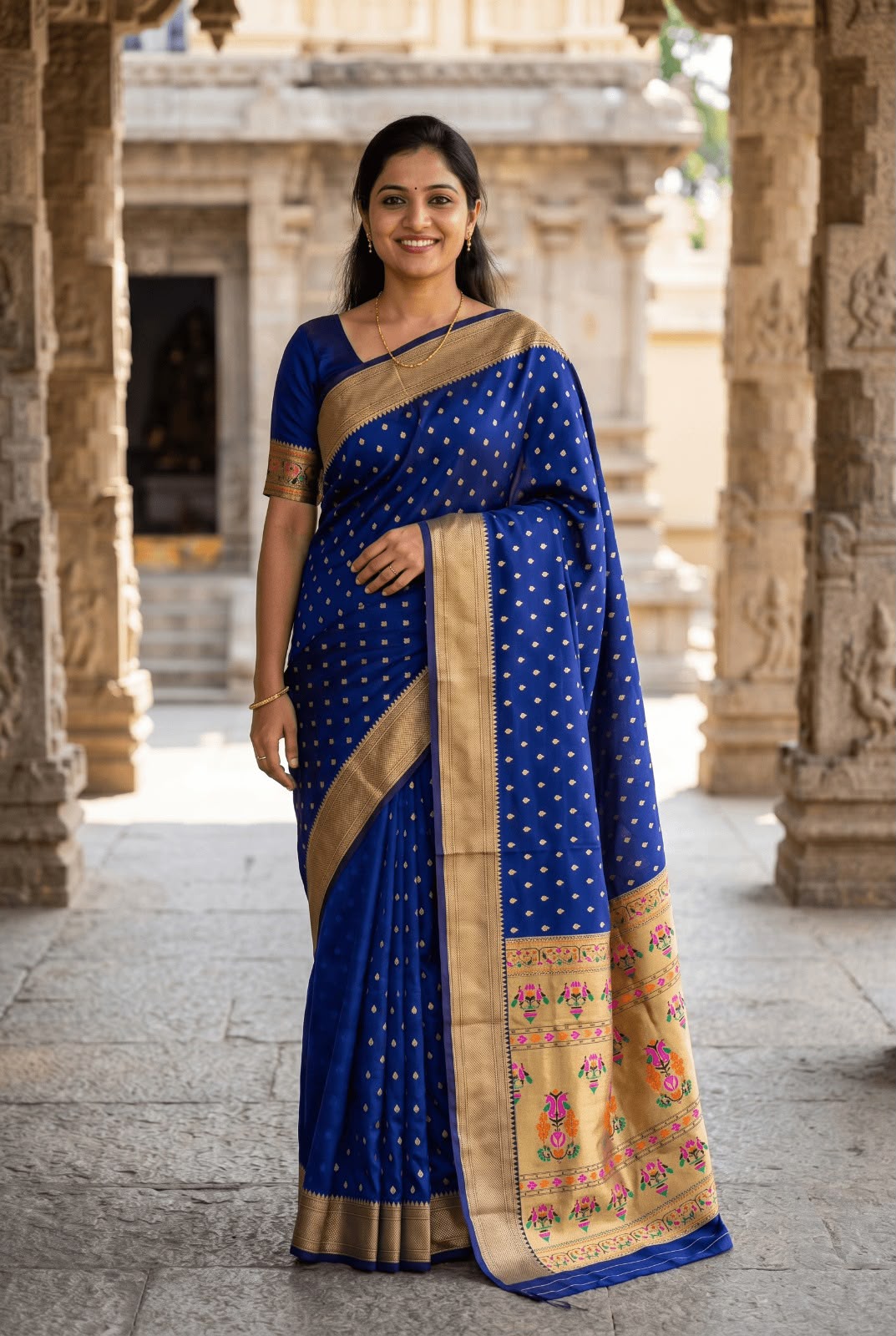 Whimsical Navy Blue Paithani Silk Saree With Inimitable Blouse Piece
