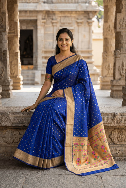 Whimsical Navy Blue Paithani Silk Saree With Inimitable Blouse Piece