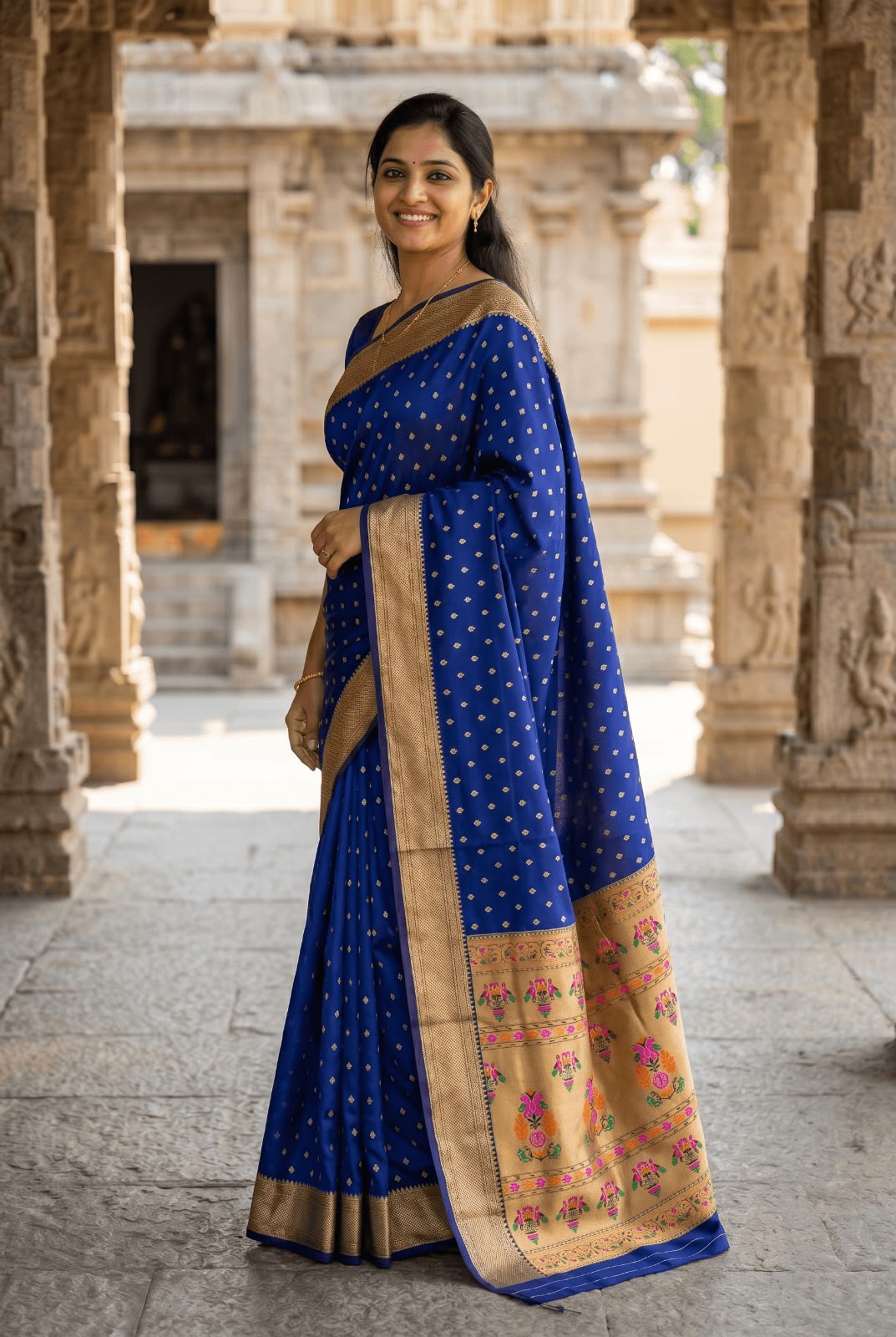 Whimsical Navy Blue Paithani Silk Saree With Inimitable Blouse Piece