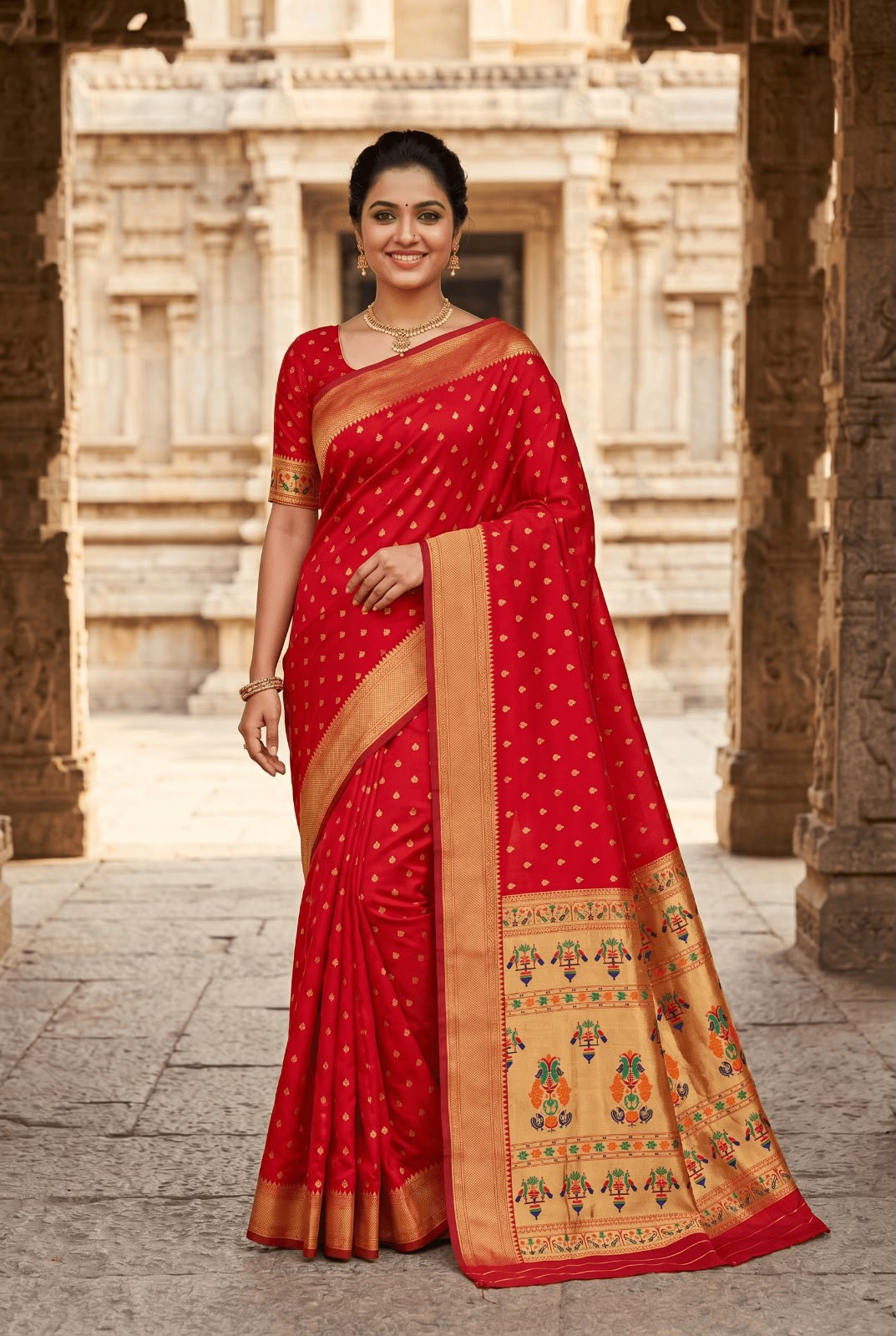 Vestigial Red Paithani Silk Saree With Lissome Blouse Piece