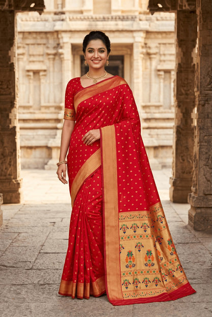 Vestigial Red Paithani Silk Saree With Lissome Blouse Piece