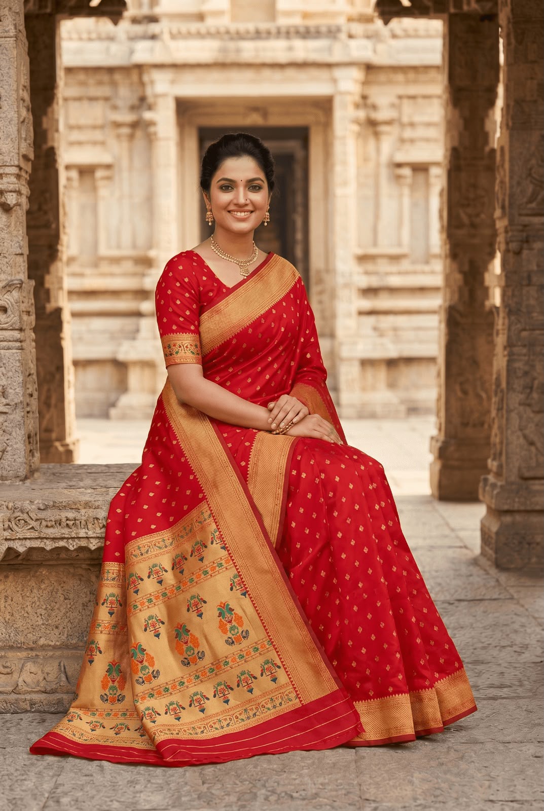 Vestigial Red Paithani Silk Saree With Lissome Blouse Piece
