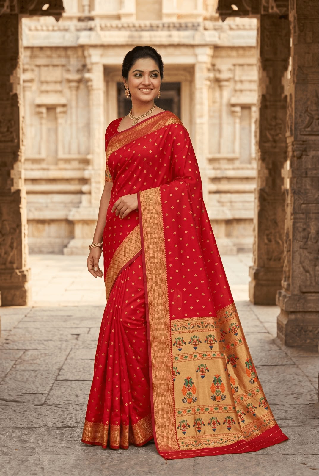 Vestigial Red Paithani Silk Saree With Lissome Blouse Piece