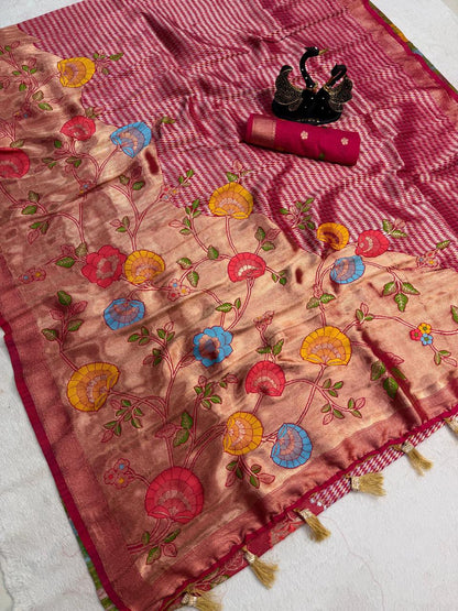 Ailurophile Dark Pink Banarasi Khadi Silk Saree With Incomparable Blouse Piece