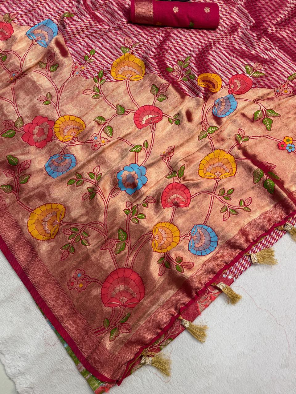 Ailurophile Dark Pink Banarasi Khadi Silk Saree With Incomparable Blouse Piece