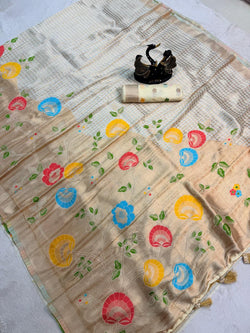 Stunner Off White Banarasi Khadi Silk Saree With Vibrant Blouse Piece