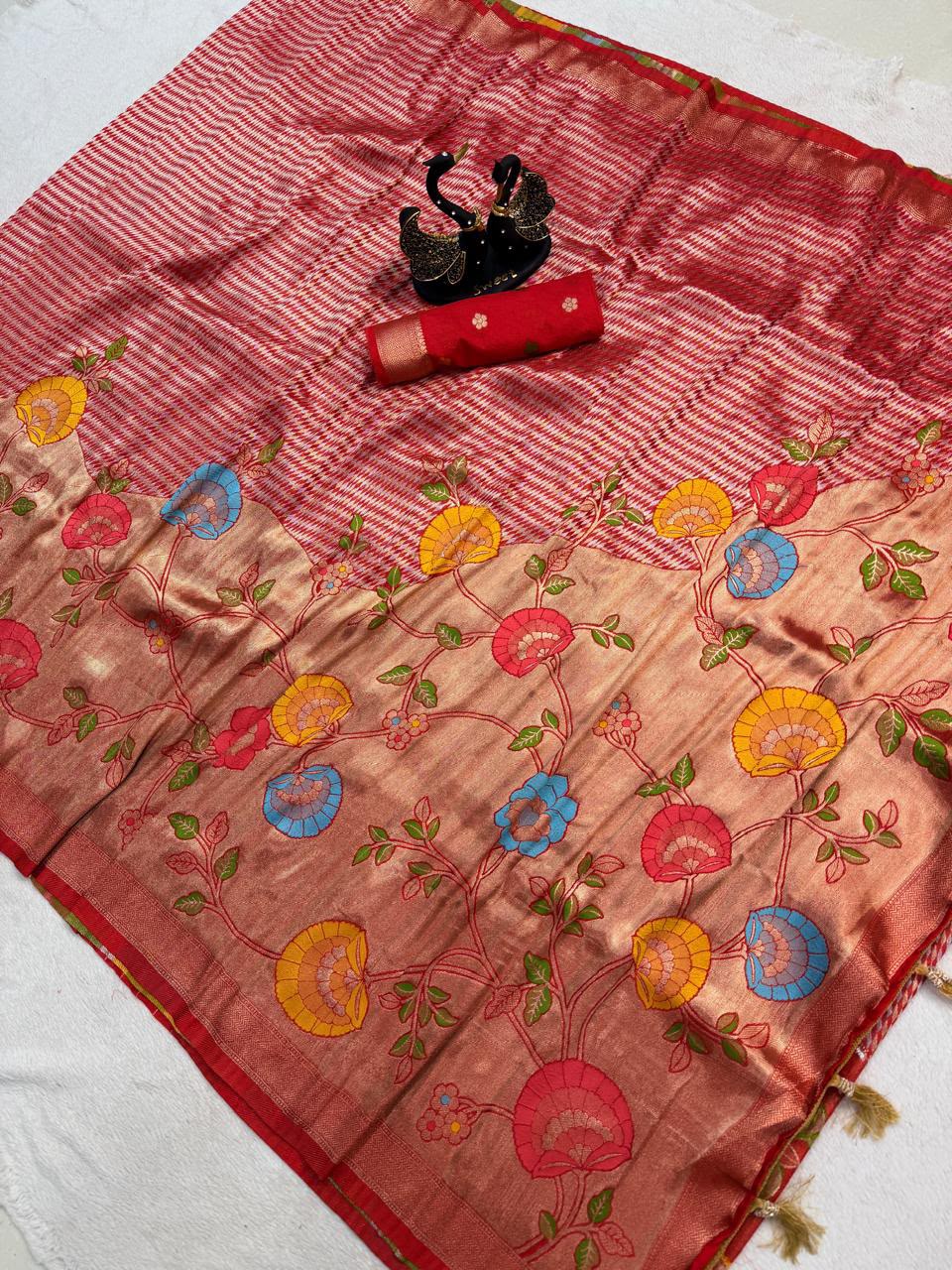 Piquant Red Banarasi Khadi Silk Saree With Inimitable Blouse Piece
