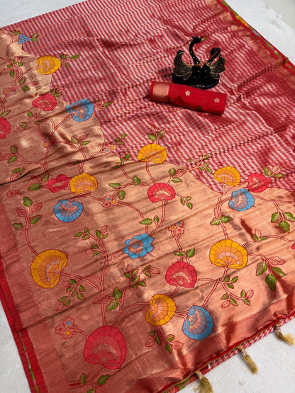 Piquant Red Banarasi Khadi Silk Saree With Inimitable Blouse Piece