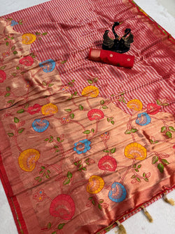 Piquant Red Banarasi Khadi Silk Saree With Inimitable Blouse Piece