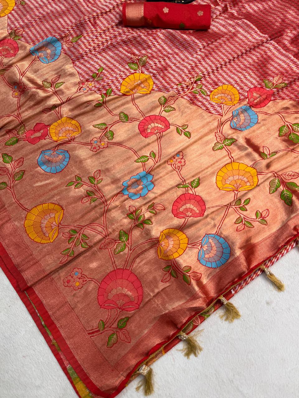 Piquant Red Banarasi Khadi Silk Saree With Inimitable Blouse Piece