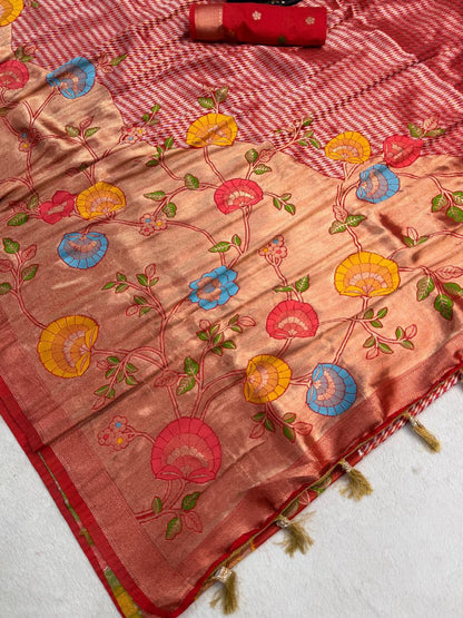 Piquant Red Banarasi Khadi Silk Saree With Inimitable Blouse Piece