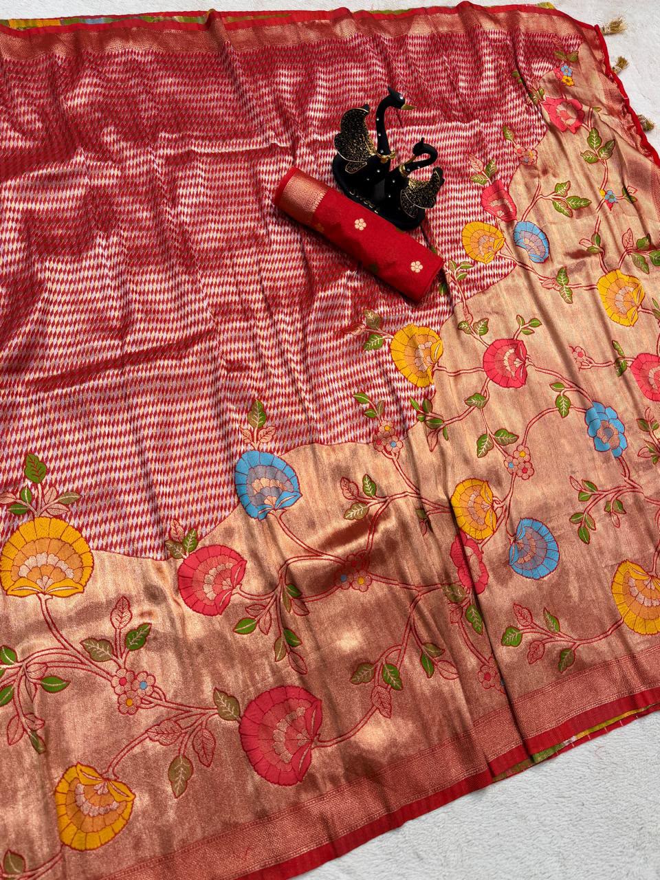 Piquant Red Banarasi Khadi Silk Saree With Inimitable Blouse Piece