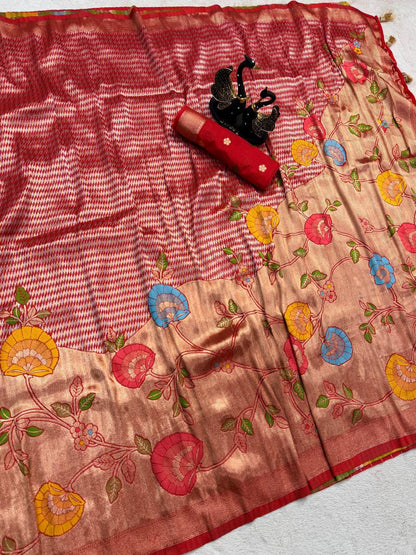 Piquant Red Banarasi Khadi Silk Saree With Inimitable Blouse Piece