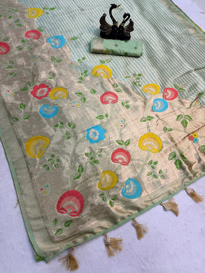 Evocative Sea Green Banarasi Khadi Silk Saree With Elaborate Blouse Piece