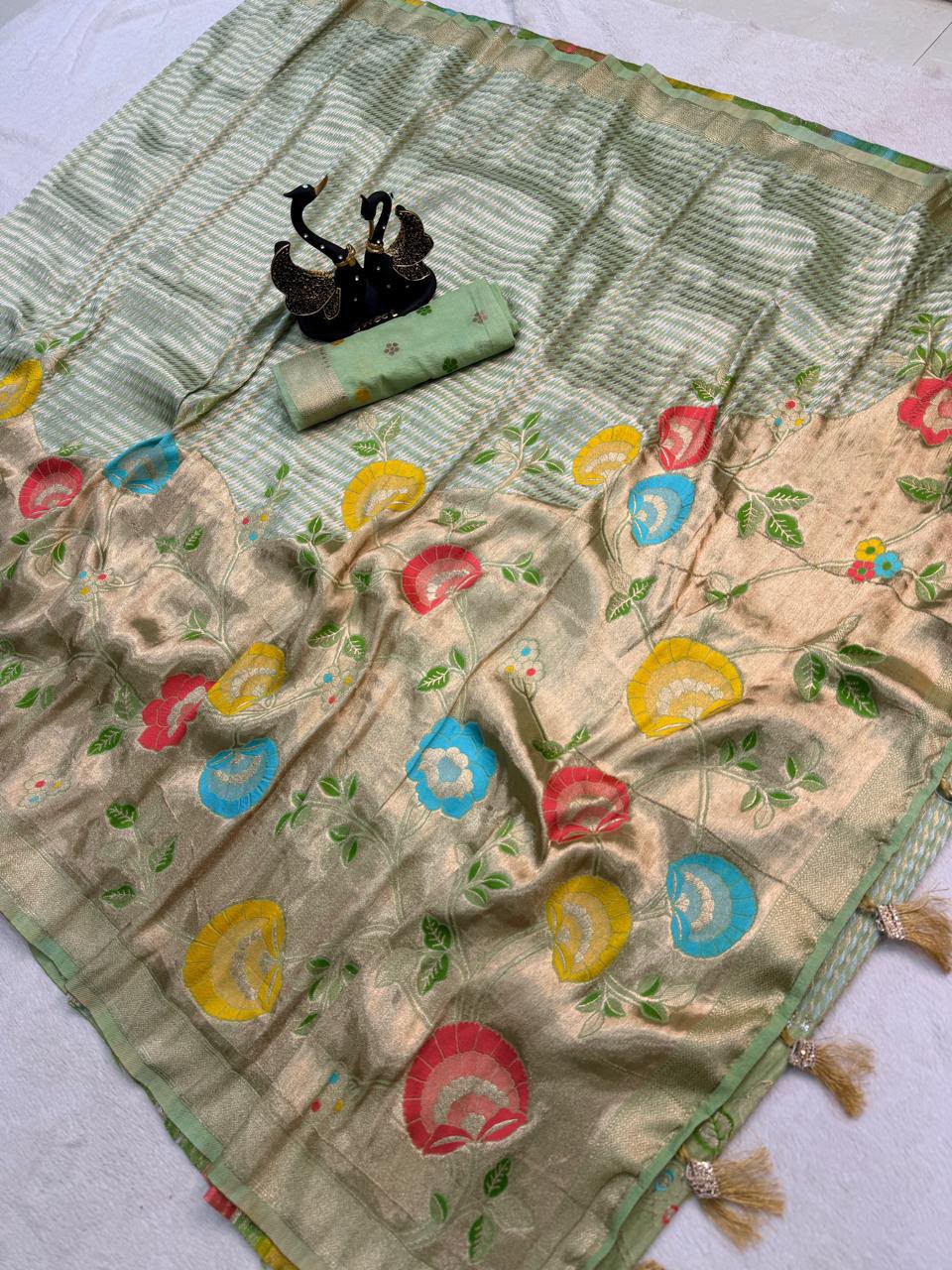 Evocative Sea Green Banarasi Khadi Silk Saree With Elaborate Blouse Piece