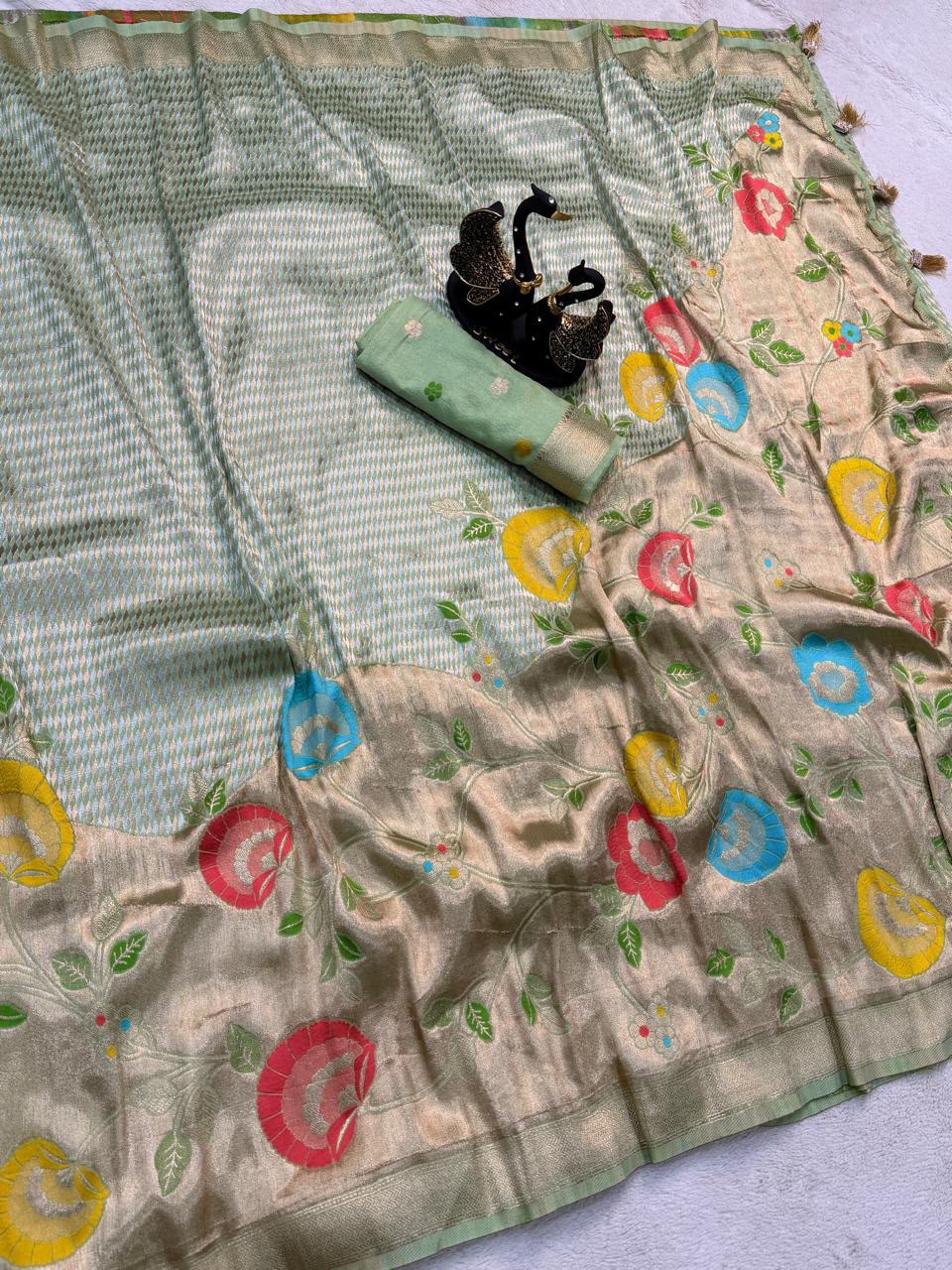 Evocative Sea Green Banarasi Khadi Silk Saree With Elaborate Blouse Piece